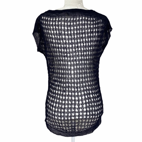 ANTHROPOLOGIE Yellow Bird Navy Blue Open Weave Short Sleeve Sweater - Picture 4 of 5